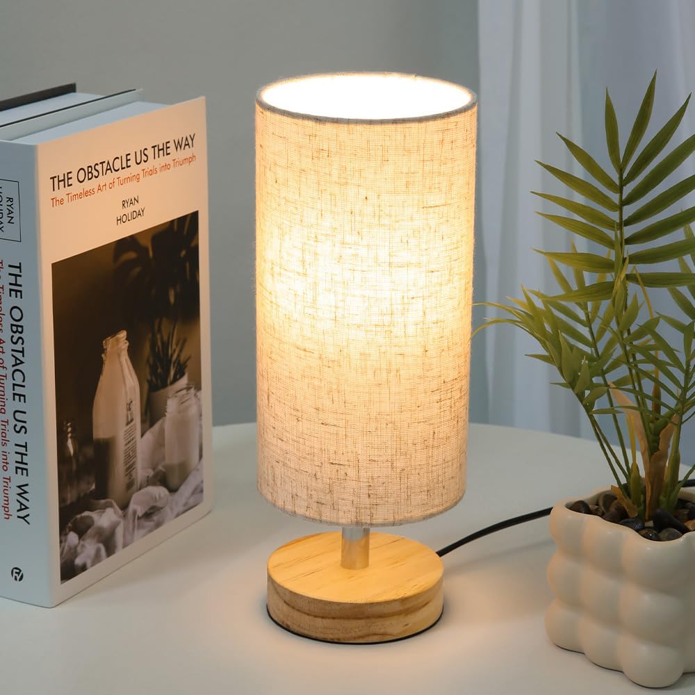Modern Nordic Fabric Table Lamp —  Bedside Nightstand Lamp with Wooden Base, Soft Lighting for Bedroom & Living Room