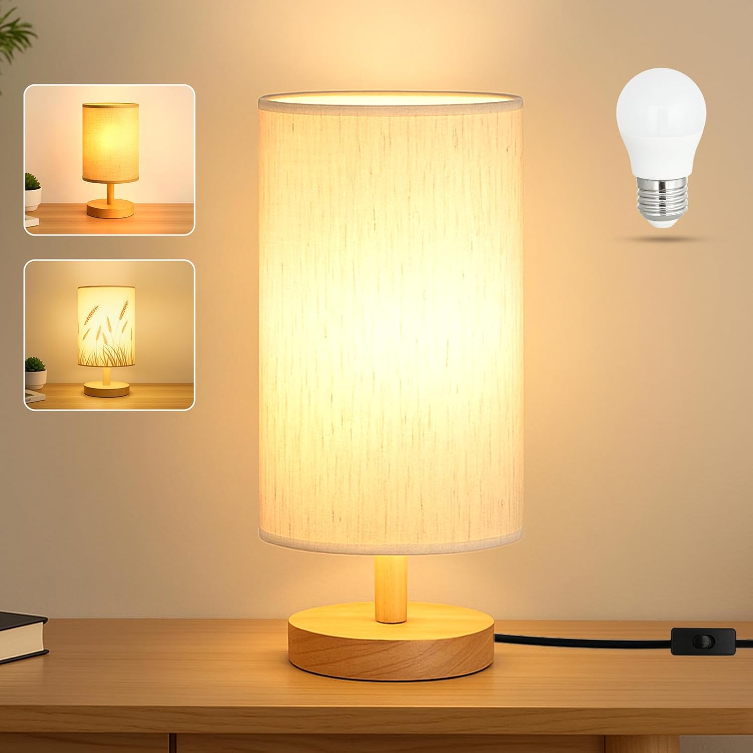 Modern Nordic Wooden Base Fabric Table Lamp with Warm Light – Bedside Nightstand Lamp