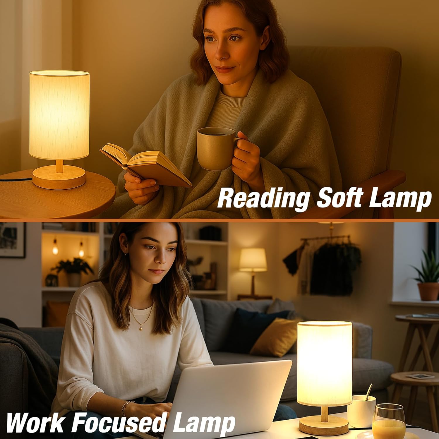 Modern Nordic Wooden Base Fabric Table Lamp with Warm Light – Bedside Nightstand Lamp