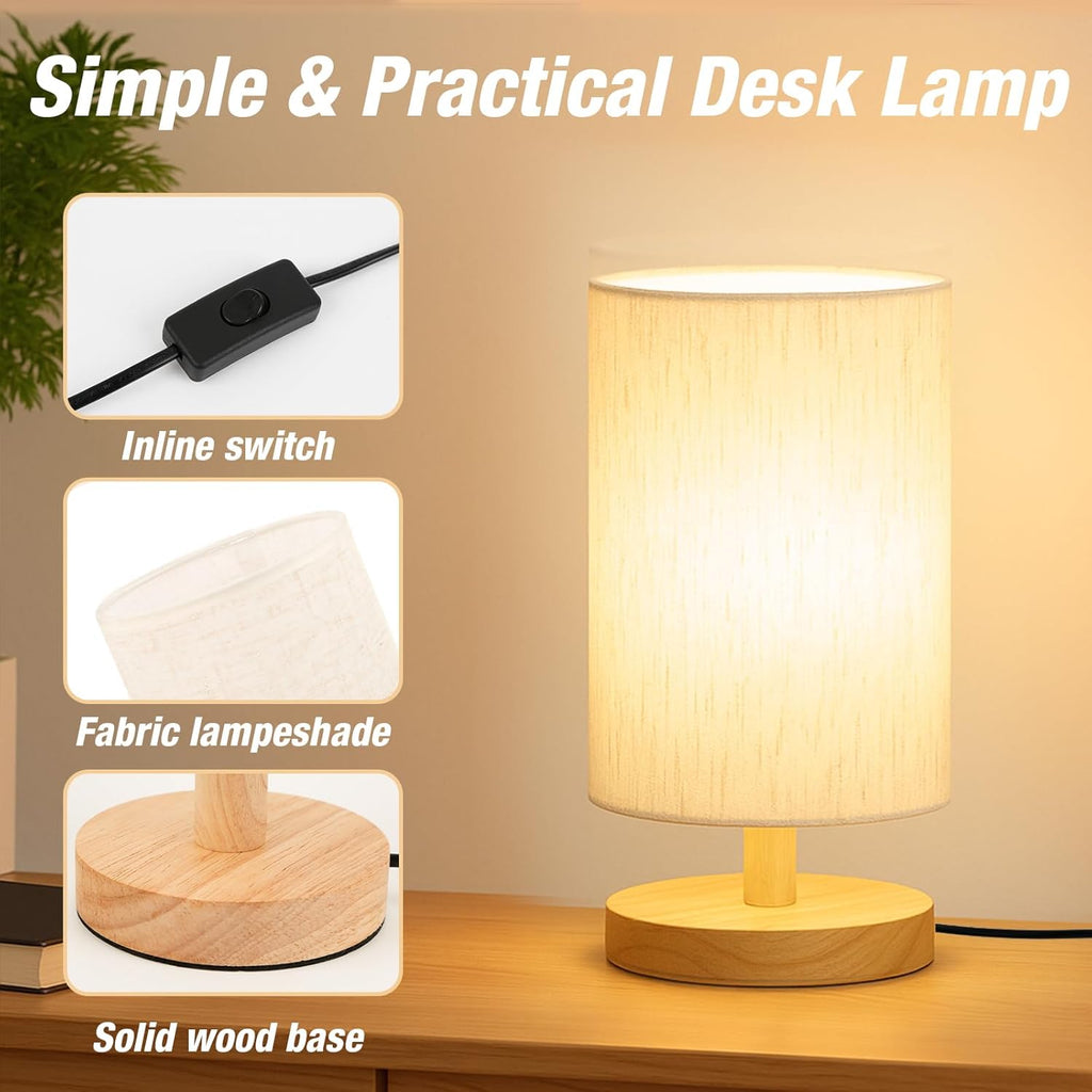 Modern Nordic Wooden Base Fabric Table Lamp with Warm Light – Bedside Nightstand Lamp