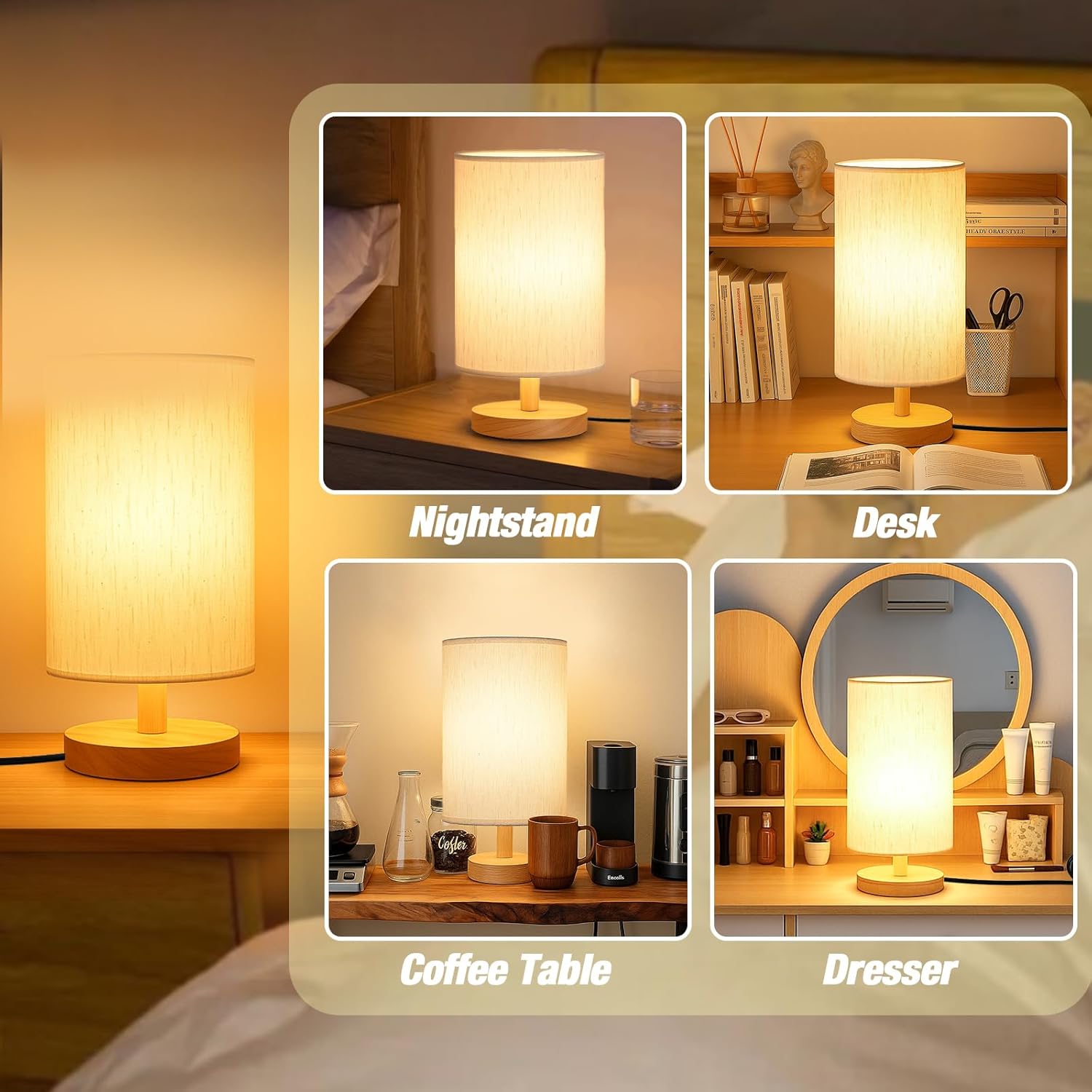 Modern Nordic Wooden Base Fabric Table Lamp with Warm Light – Bedside Nightstand Lamp